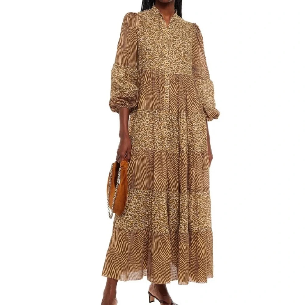 Zimmerman Empire Tiered Dress in Spliced Animal Print in Brown Maxi Dress Size 0 - Picture 4 of 13